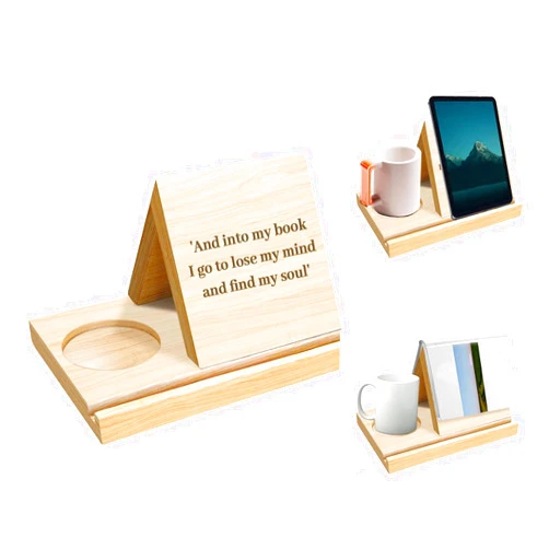 SporGy Personalized Wooden Triangle Book Stand, Custom Book Holder with Coffee Drink Holder, Gifts for Readers,Teachers Writers Home Decor (Style 2)
