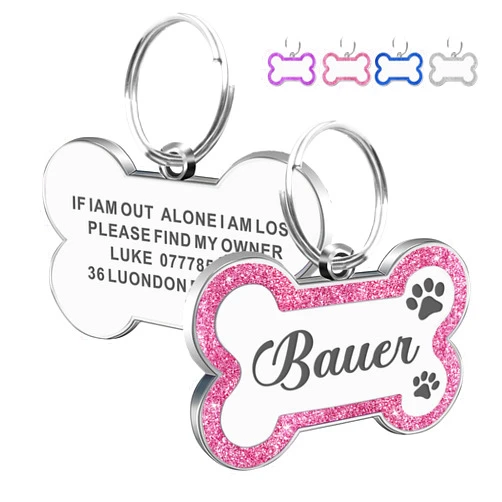 EDSG Dog Tags Personalized for Pets Dog Name Tags Personalized Dog Tag Engraved with Any Name & Text Custom Dog ID Tags Glitter Bone ID Tag for Puppy Cat (Pink S, Bone)