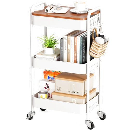 TOOLF 3-Tier Rolling Cart, Metal Utility Cart with Detachable Tray Top, Storage Craft Art Cart Trolley Organizer Serving Cart Easy Assembly for Bathroom, Living Room, Office, Kitchen, Classroom, White