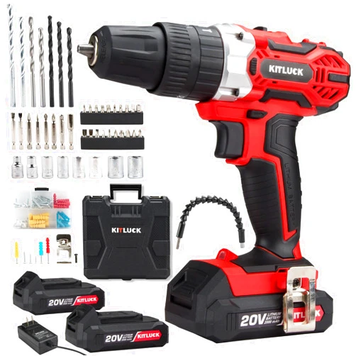 KITLUCK Cordless Drill Set, 20V Power Drill Kit with 2 X 2.0AH Battery, 44pcs Drill/Driver Bits, 1 Box Screws, Bubble Level, 3/8'' Chuck Electric Drill, 32NM, 21+3 Position, 2 Variable Speed