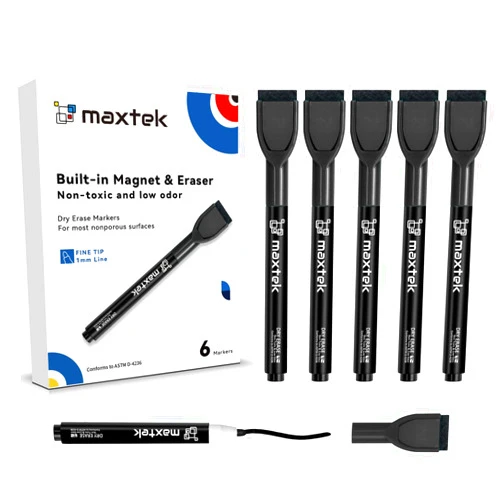 maxtek Magnetic Black Dry Erase Markers, 6 Count Fine Tip Whiteboard Markers with Eraser, Thin Markers Low Odor for Classroom, Office, Home