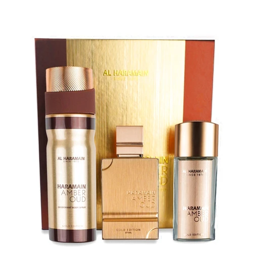 Al Haramain Amber Oud Gold Edition 3 Pc Gift Set for Unisex - Luxury Cologne & Perfume for Men & Women - 2.5 oz EDP Spray, 1 oz EDP Spray, 6.6 oz Body Spray - Arabian & Arabic Long Lasting Fragrance