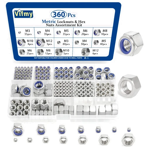 Vifmy Metric Hex Nuts & Locknuts Assortment Kit(360Pcs)，M3 M4 M5 M6 M8 M10 M12 304 Stainless Steel Assorted Hex Nuts Sets,Bright Finish