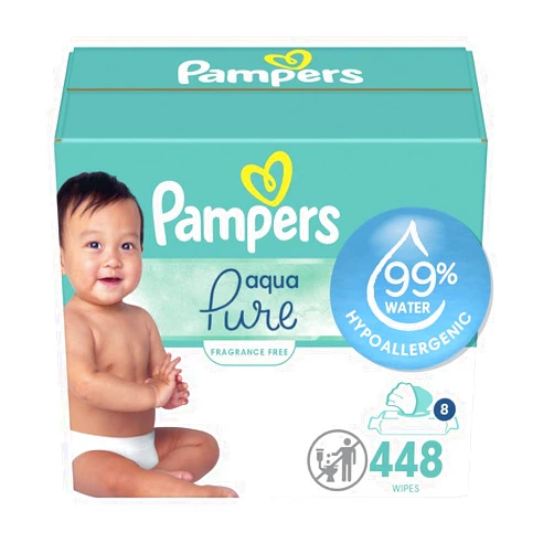 Pampers Baby Wipes Aqua Pure, 99% water-based wipes, Hypoallergenic and Unscented Infant Wipe, 448 Total (8 Flip-Top Packs)