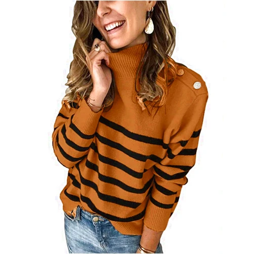 KIRUNDO Women's 2025 Fall Winter Long Sleeve Knit Sweater Turtleneck Striped Loose Pullover Tops Deco with Metal Buttons