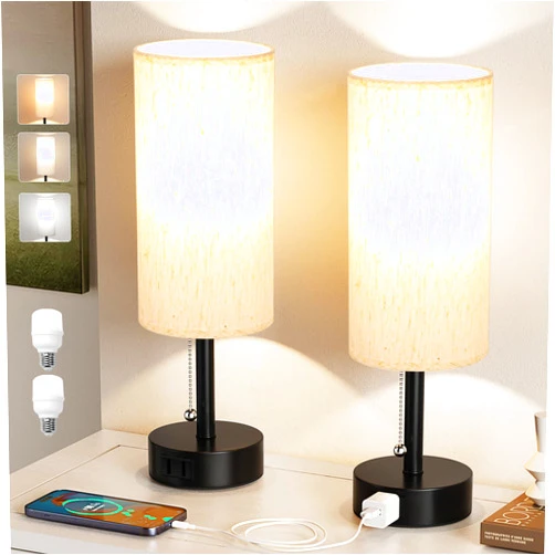 Fenmzee Bedside Table Lamps Set of 2 - 3 Color Temperatures Pull Chain Lamp with AC Outlet Charging Port, Two Round Night Stand Lamps for Bedroom Guest Room Office, Small Bed Side Light with E26 LED Bulbs
