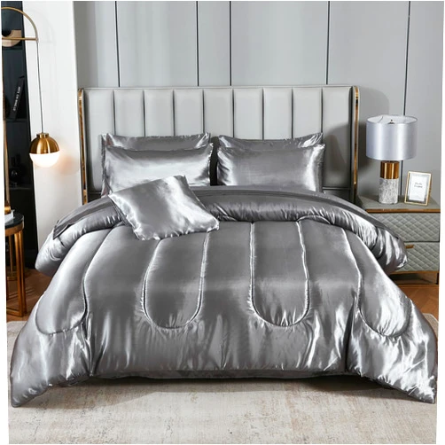 Bedding_Dreamer Silk Like Grey Comforter Set with Sheet Set Queen 8 Pieces Satin Bedding Comforter Set Silky Bed-in-a-Bag Luxury Hotel Silky Comforter Set with 1 Cushion Cover (Queen, Grey)