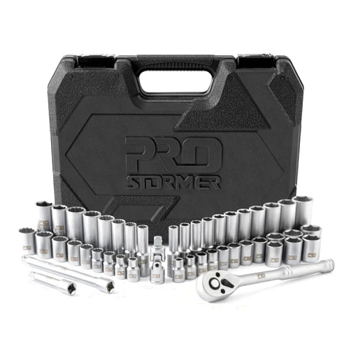 Prostormer Drive Socket Wrench Set, 46-Piece 3/8'' Ratcheting Wrench Set with 72 Tooth Ratchet, Universal Joint, Extension Bars for Home and Automotive Repair