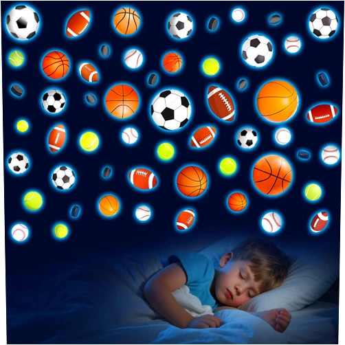 VZZNN 6 Pieces/112 Ball Stickers It Will Glow After Charging for 15 Minutes Under Light, Sports Room Decor for Boys, Glow in The Dark Sports Wall Decor with Basketball, Soccer, Football