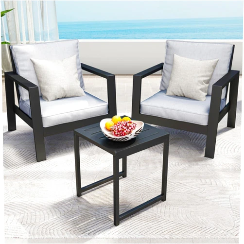 Solaste Aluminum Outdoor Patio Furniture Set, 3-Piece Metal Conversation Furniture Set, Modern Water-Resistant Furniture Set with Side Table for Porch Backyard Poolside Garden, Grey