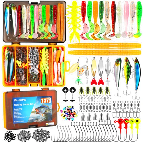PLUSINNO Fishing Lures, 137Pcs Tackle Box with Tackle Included, Crankbaits, Spoon, Hooks, Weights & Other Accessories, Fishing Bait Lure Gear Kit Gift for Men Bass Freshwater