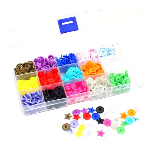 BetterJonny 150 Sets KAM Snaps Star Shaped with Storage Box, BetterJonny 15-Colors Size 20 T5 Glossy Plastic Resin Fasteners Punch Poppers Closures No-Sew Buttons for Crafts Cloth