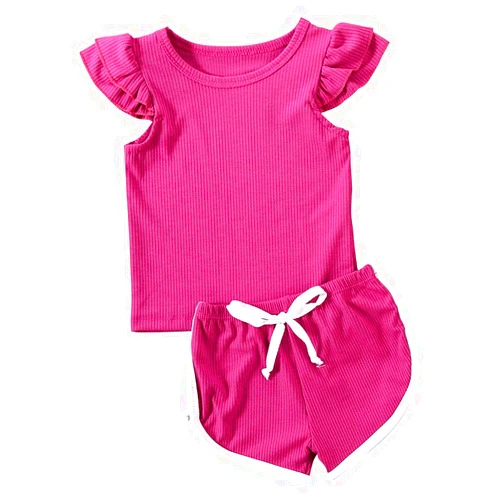 FYBITBO Toddler Kids Baby Girls Ribbed Shorts Outfits Ruffle Sleeve Top T-Shirt+Drawstring Shorts Summer Clothes Set