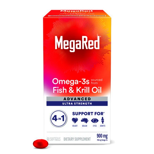 Megared Omega-3 Fish & Krill Oil Supplement 900mg - MegaRed Advanced 4in1, 60 softgels, 2x More Omega-3, Heart, Joint, Brain and Eye Supplement, Red, 60 Count
