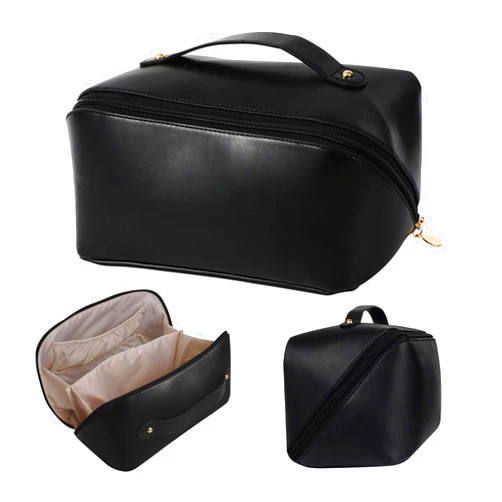 EULGTRN 2022 New Large Capacity Travel Cosmetic Bag，Makeup Bag Travelling Leather Cosmetic Bag Waterproof,Multifunctional Storage Travel Toiletry Bag Skincare Bag (Black)