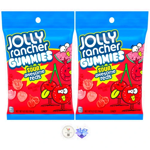 KD Supplies Jolly Rancher Fruit Flavored Gummies Candy Bags + Bonus Mystery Candy (6.5 oz (Pack of 2), Sour Awesome Reds)
