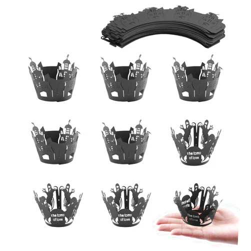 Messar Halloween Cupcake Wrappers - 48 PCS, Messar Black Hollow Out Cupcake Liners Laser Cut Paper Cupcake Wraps with Ghost and Castle Shaped Pattern for Halloween Party Supplies Cake Decor (Set 1)