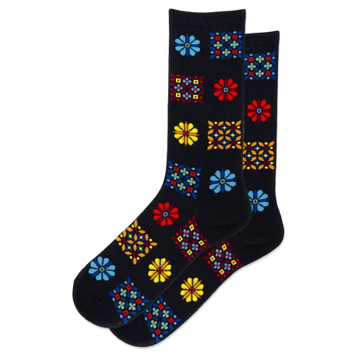 Hot Sox Women's Floral Geo Crew Socks 1 Pair, Black, Women's 4-10