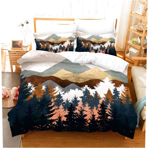 REALIN Hawthorn Bedding 3D Duvet Cover Set Japan Forest Mountain River Bed Sets 2/3/4PCS Quilt Covers/Sheets/Pillow Shams,Twin/Full/Queen/King (Full-200x229cm-4PCS,E)