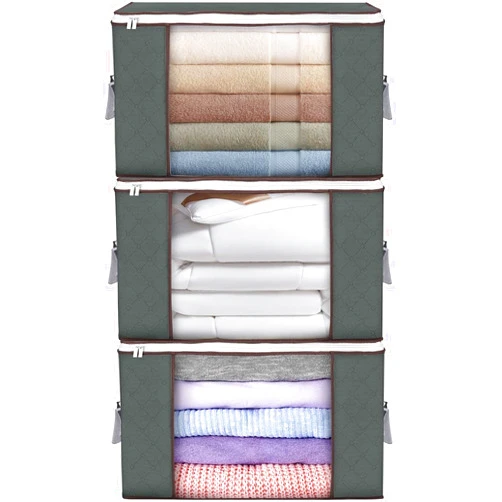 Budding Joy Large Storage Bags, 3 Pack Clothes Storage Bins Foldable Closet Organizers Storage Containers with Durable Handles Thick Fabric for Blanket Comforter Clothing Bedding 90 L (Gray)