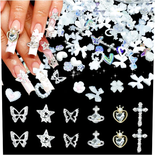 Berovskki 3D Assorted White Pearl Nail Charms Butterfly Planet Cross Heart Star Nail Rhinestones Charms Bow Flower Nail Charms for Manicure DIY Craft Accessories