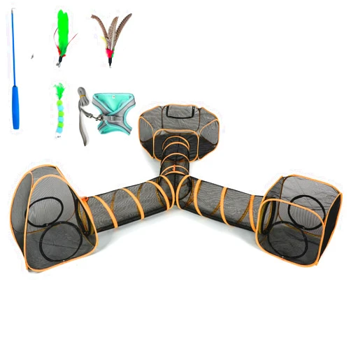 Wilhiker 5 in 1 Outdoor Cat Tents with Tunnels for Outside - Cat Enclosures for Indoor Cats with 1 Cat Harness and Leash for Walking, 1 Cat Wand Toys, 3 Cat Feather Toys - Cat Playpen and Indoor Catio