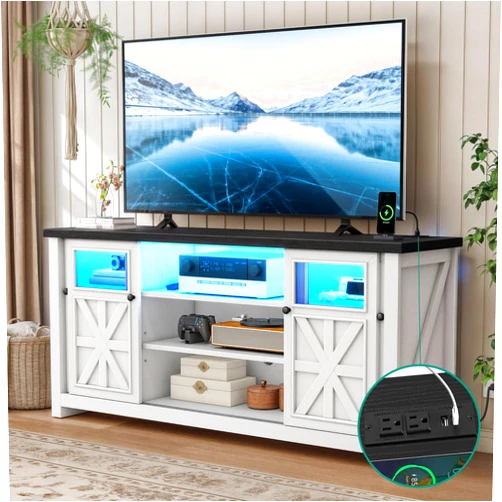 YITAHOME TV Stand Farmhouse Entertainment Center for 75 Inch TV, LED TV Console with Power Outlets and Sliding Barn Doors, Rustic TV Media Console with Storage Cabinets for Living Room, White