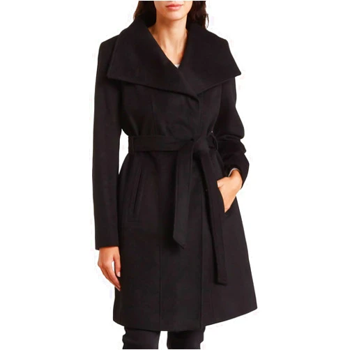 Michael Michael Kors Wool Belted Wrap Solid Black Coat