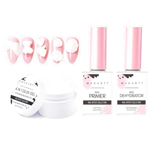 Makartt 4 in 1 Glux Gel White Solid Nail Extension Gel Builder Nail Gel 15 ml UV Nail Glue Bundle with Makartt Nail Dehydrator and Primer Set, Air Dry Professional Long-lasting Nail Prep