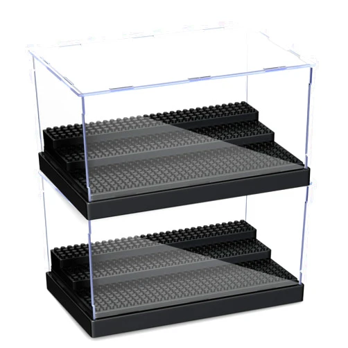 KKU Display Case for Minifigure Action Figures Blocks, Acrylic Minifigure Display Case Box Storage with 3 Movable Steps Gift for Kids Adults Black- 2 Pack
