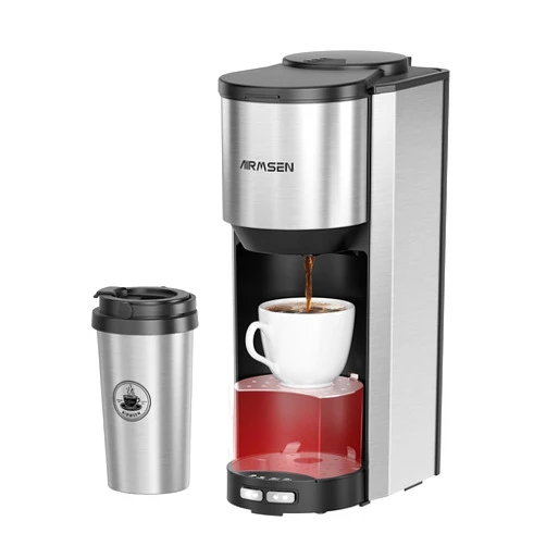 AIRMSEN Single Serve Coffee Maker with Grinder, Grind and Brew All in One - 6-16 oz Single Cup Coffee Machine with 19 oz Travel Mug - Adjustable Drip Tray, Overheat Protection