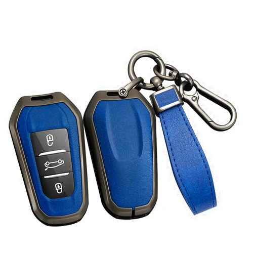 ontto Leather Key Fob Holder Car Key Cover Fit for Peugeot 508/2008/3008/5008 Smart Remote Key Case Metal Key Shell Fit for Citroen C3 Aircross/C5 Aircross/C4 Picasso/DS5/DS3 Crossback Blue