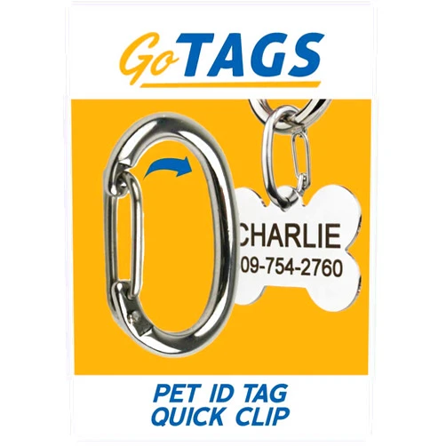 GoTags Pet ID Dog Tag Clip, Strong Durable Dog and Cat Tag Connector, Quick Clip to Pet Collars, Easy Upgrade for Split Ring, Mini Carabiner Made of Stainless Steel, Pack of 2