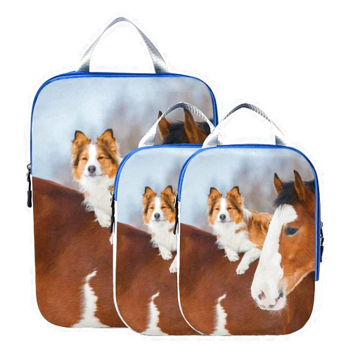ALALAL Compression Packing Bags Draft Horse Red Border Collie Dog Travel Luggage Organizer Expandable Travel Packing Cube Set For Carryon Luggage, Travel (set Of 3)