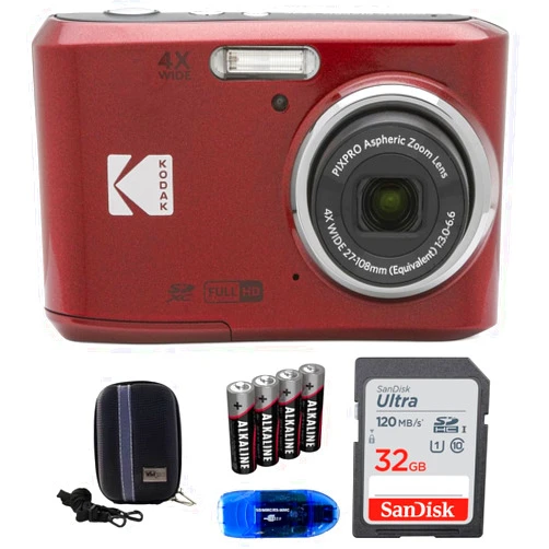 KODAK Pixpro FZ45 Digital Camera Bundle, Includes: SanDisk 32GB Memory Card, Spare Batteries, Hard Shell Camera Case and Card Reader (5 Items) (Red)