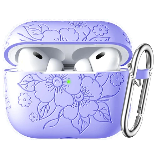 IMIVIO Flower Engraved Case Compatible with airpods pro 2nd generation case, Cute Soft Silicone Skin Full Protective Case with Keychain for AirPods Pro Case 2nd/1st Generation, blue purple