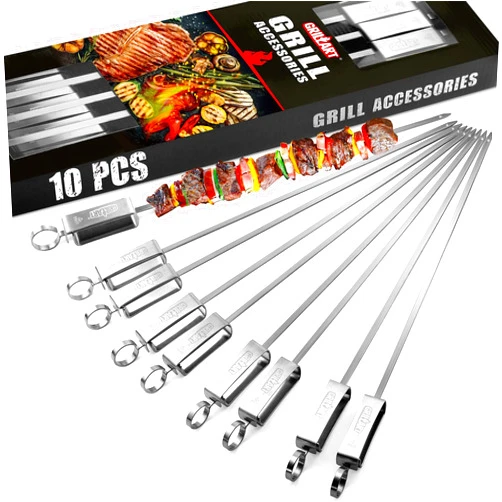 GRILLART Kabob Skewers for Grilling - Metal Skewer for Kabobs with Slider - Flat BBQ Skewer Stainless Steel - 17