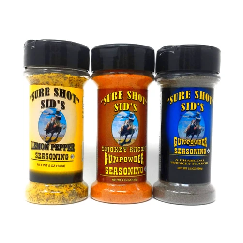 Green Hills Sure Shot Sids Gunpowder BBQ Seasoning Bundle - 3 Pack Total, Sure Shot Sids Lemon Pepper Seasoning, Sure Shot Sids Smokey Bacon, Sure Shot Gunpowder, Bundled with JFS Recipe Sheet