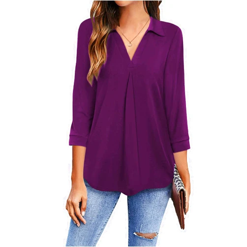Newchoice Womens Collared V Neck 3/4 Sleeve Shirts Business Casual Tops Loose Work Blouses (S-3XL)
