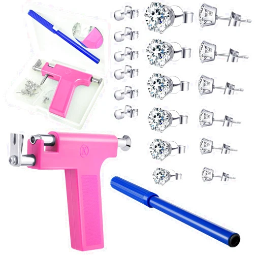 Hicarer Ear Piercing Kit Nose Piercing Tool Stainless Steel Body Ear Navel Piercing Machine with 12 Pairs Stud Earrings Piercing Jewelry Set (Pink)