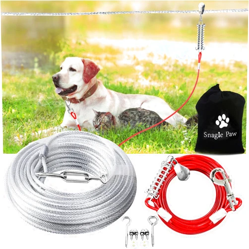 Snagle Paw Dog Tie Out Runner for Yard,Trolley System for Large Dogs,Heavy Duty Dog Run Cable Lead 120ft with 10ft Pulley Runner Line for Small Medium and Large Dogs Up to 125lbs Running Outside Yard or Camping