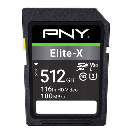 PNY 512GB Elite-X Class 10 U3 V30 SDXC Flash Memory Card - 100MB/s, Class 10, U3, V30, 4K UHD, Full HD, UHS-I, Full Size SD