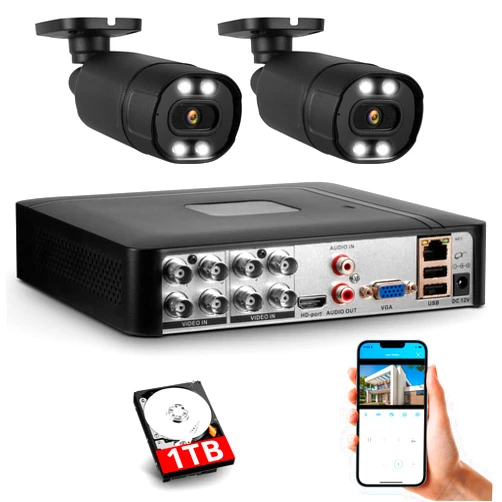 Fuers 8CH H.265+ Surveillance DVR Recorder Security Camera System with 2 x 1920TVL 2MP Wired CCTV IP66 Cameras for Indoor Outdoor Use, Remote Access,Smart Playback, Email, with1TB Hard Drive
