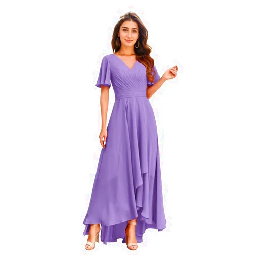 AZJINCOS Elegant V Neck Ruffles Floor Length Chiffon Bridesmaid Dresses