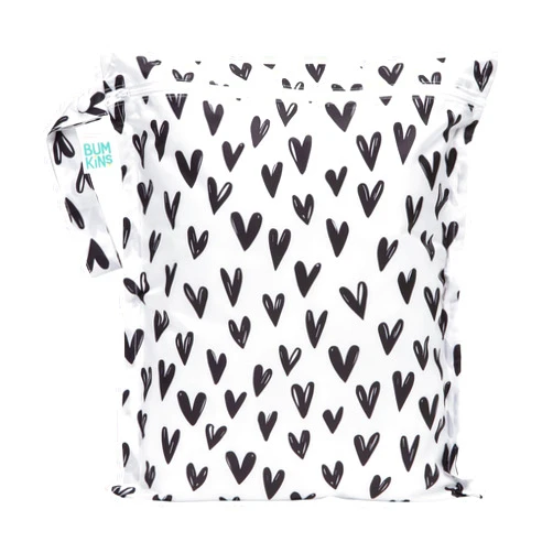 Bumkins Waterproof Wet Bag for Baby, Travel, Swim Suit, Cloth Diapers, Pump Parts, Pool, Gym Clothes, Toiletry, Strap to Stroller, Daycare, Zipper Reusable Bag, Wetdry Packing Pouch, Black Hearts