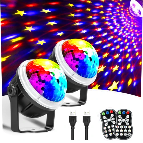 Gobikey Disco Lights,360°Rotation Music Activated Disco Ball Lights with 4M/13ft USB Cable & Remote Control - [ Dynamic Star Pattern Effect ] RGBY Party Lights Party/Birthday/Home Gathering/Christmas(2 Pack)