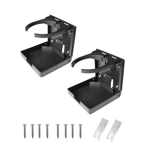 Nerites Folding Black Boat Cup Holder Wall Mounted Adjustable to Fitting Most Size Drink Holder with Screws & Double-Sided Tape for Cars, Trailer Kayaks, Yachts, Vans, Trucks, Autos, RVs and Marine (2 Pack)