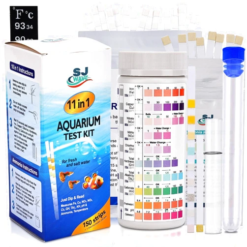 SJ WAVE 11 in 1 Aquarium Test Strips - Fish Tank Water Testing Kit with Ammonia Test Strips for Fish Tank (150 Strips) & eBook | Includes 50 Ammonia Strips, Thermometer, & Test Kit for Ponds & All Fish Tanks