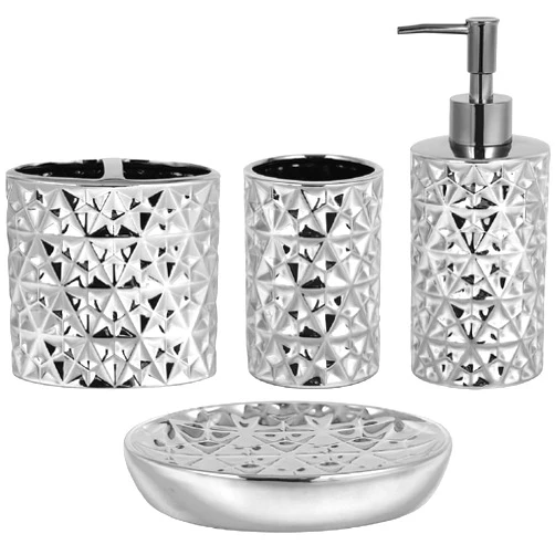RXLVCKY Silver Bathroom Accessories Set, 4 Piece Ceramic Bath Accessory Sets Complete, Diamond Soap Dispenser and Silver Toothbrush Holder Set for Bathroom Counter Sink, Farm Modern Bathroom Decor