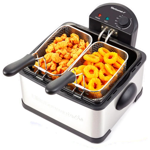 Elite Gourmet EDF434 Electric Deep Fryer 4.5 Quart Oil Capacity with Temperature Knob, 2 Baskets, Powerful 1700 Watts, Lid with Anti-Odor Filter & Viewing Window, Stainless Steel